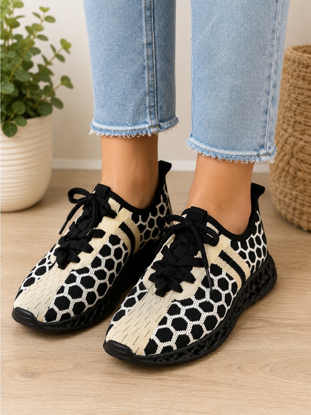 Women’s Black and Cream Knit Slip-On Sneakers